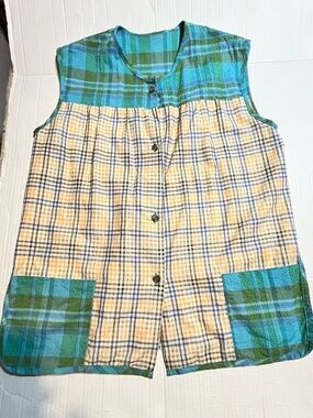 VTG handmade House Wife Blouse Womens L Plaid Sleeveless Button  Rockabilly 60s